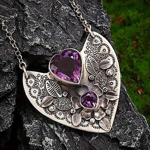 Stainless Steel Heart Shaped Amethyst Stone Necklace